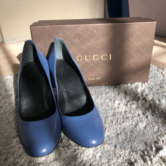 GUCCI Women's Blue Leather Wedge Shoe US Size 8 - Picture 1 of 8